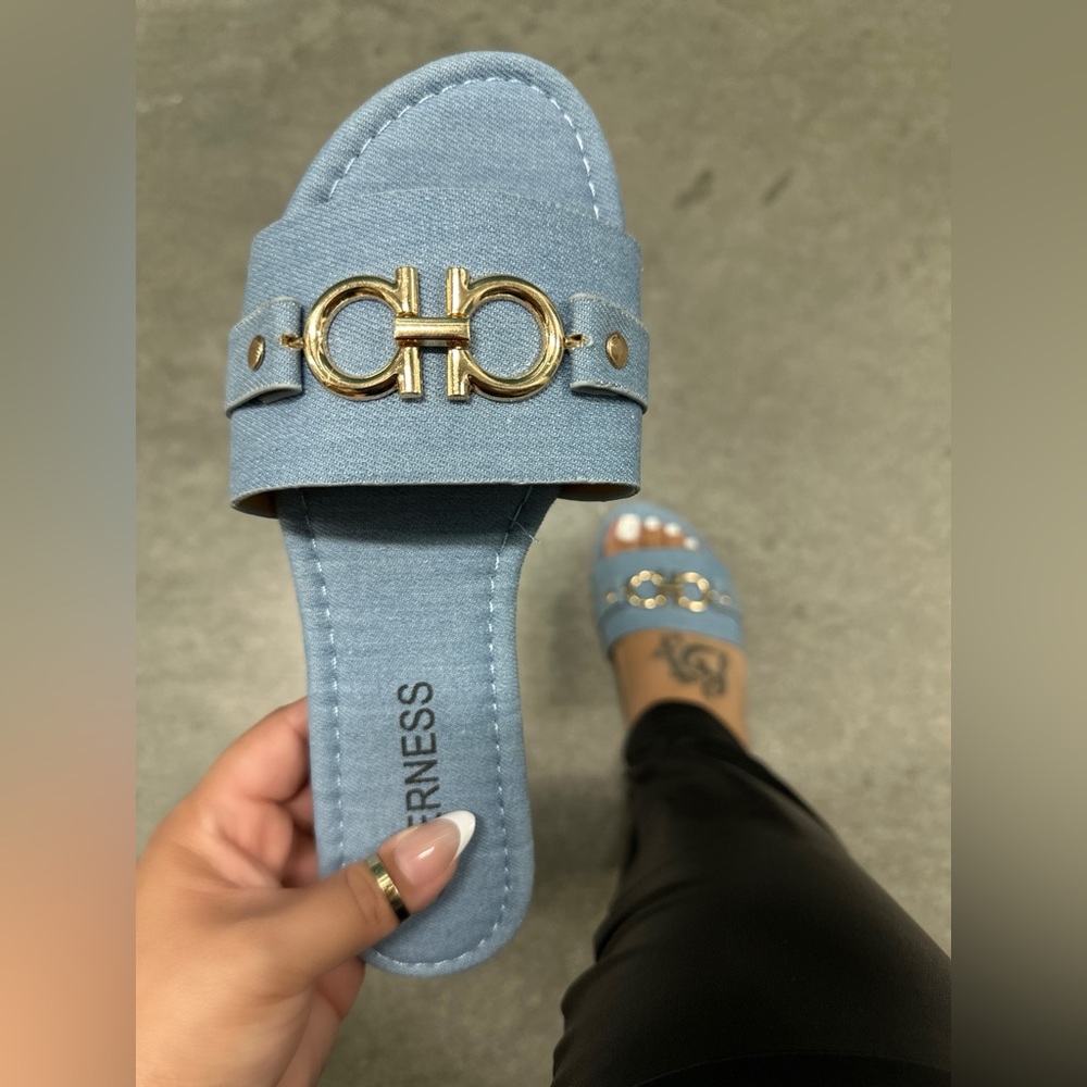 NEW! DENIM CASUAL SANDAL WITH GOLD DETAIL LETTERS *LAST PAIR* Size 5
